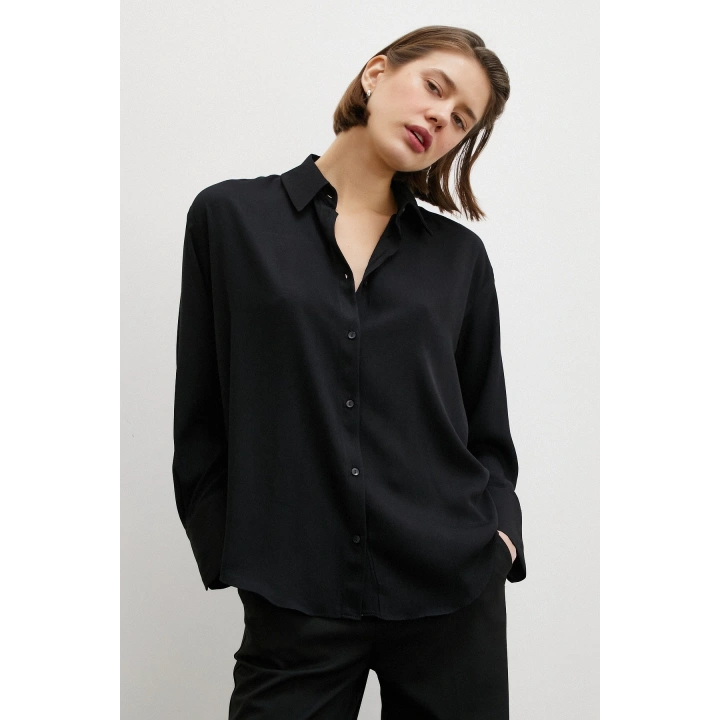 Viskon Saten Gömlek Siyah