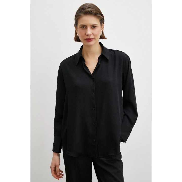 Viskon Saten Gömlek Siyah