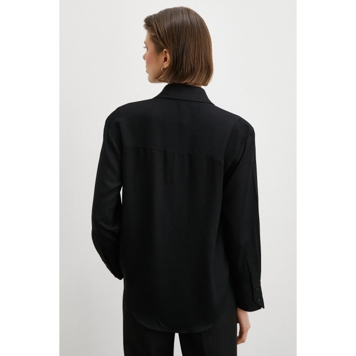 Viskon Saten Gömlek Siyah
