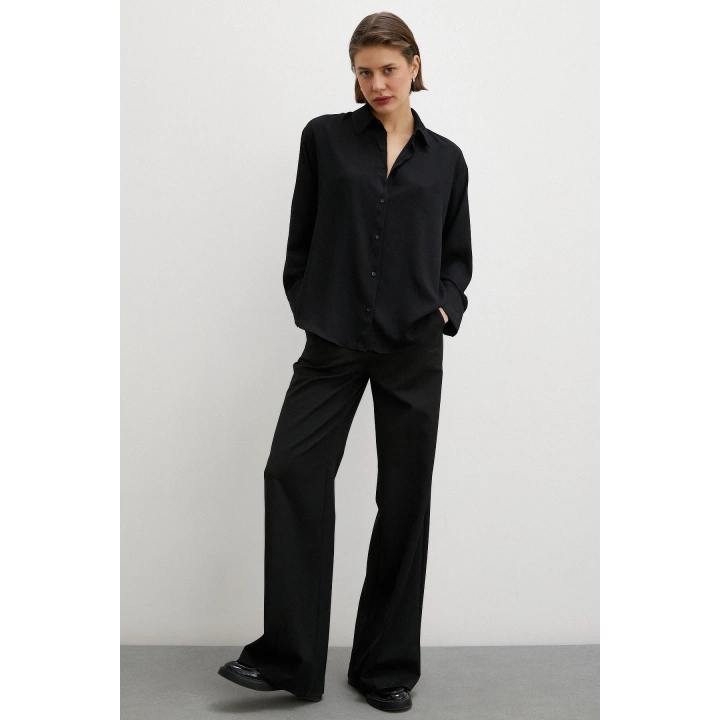 Viskon Saten Gömlek Siyah