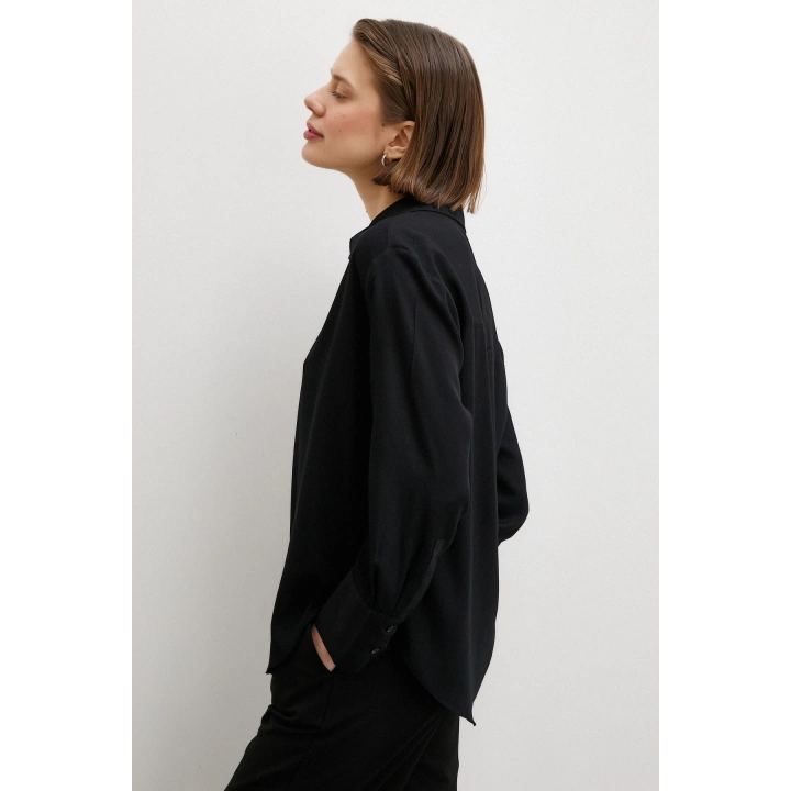 Viskon Saten Gömlek Siyah