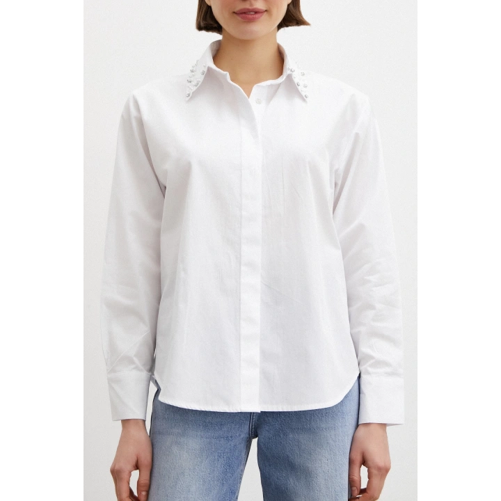 Yaka İncili Poplin Gömlek Beyaz