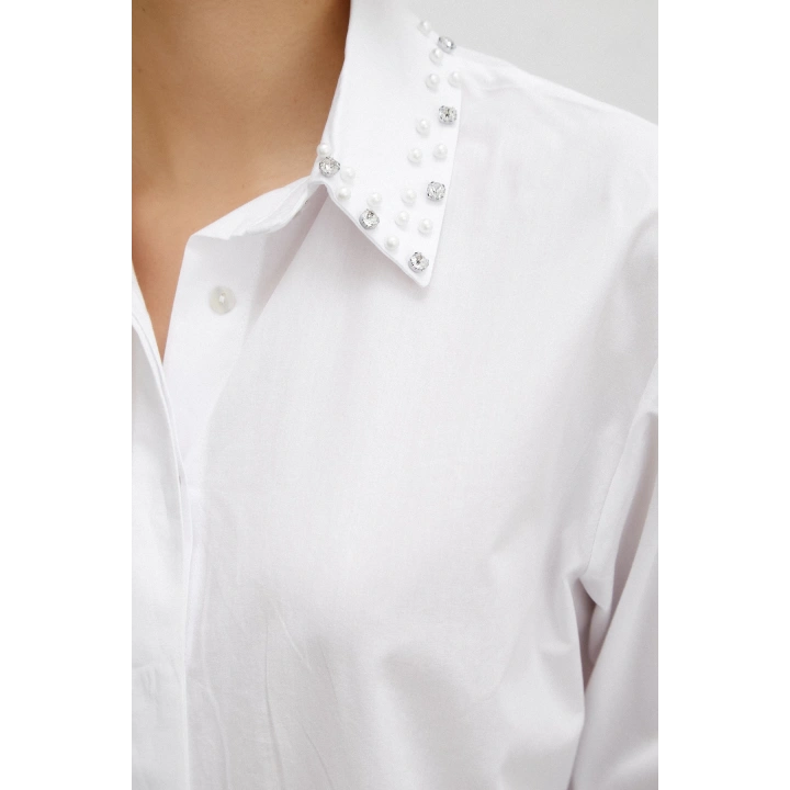 Yaka İncili Poplin Gömlek Beyaz