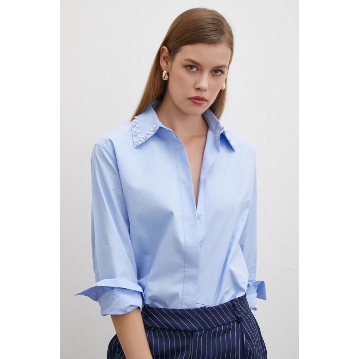 Yaka İncili Poplin Gömlek Mavi