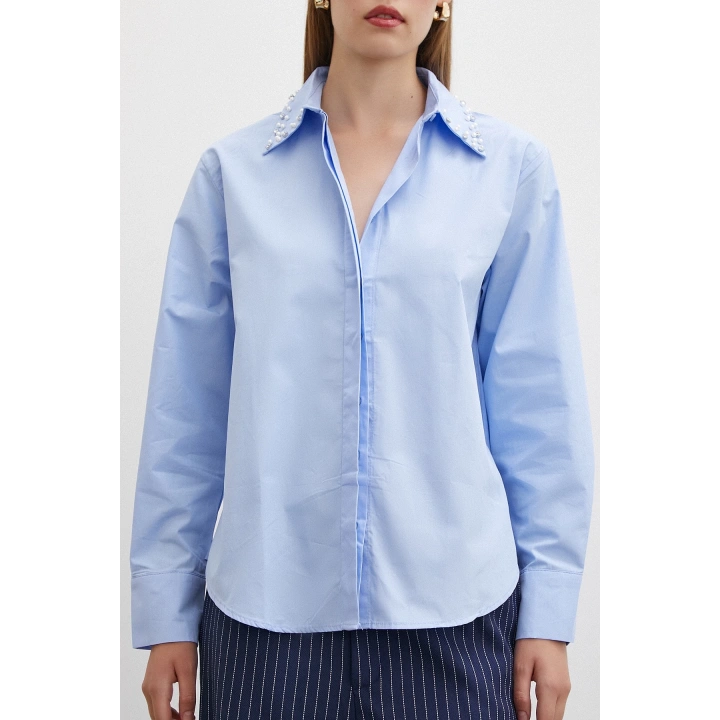 Yaka İncili Poplin Gömlek Mavi