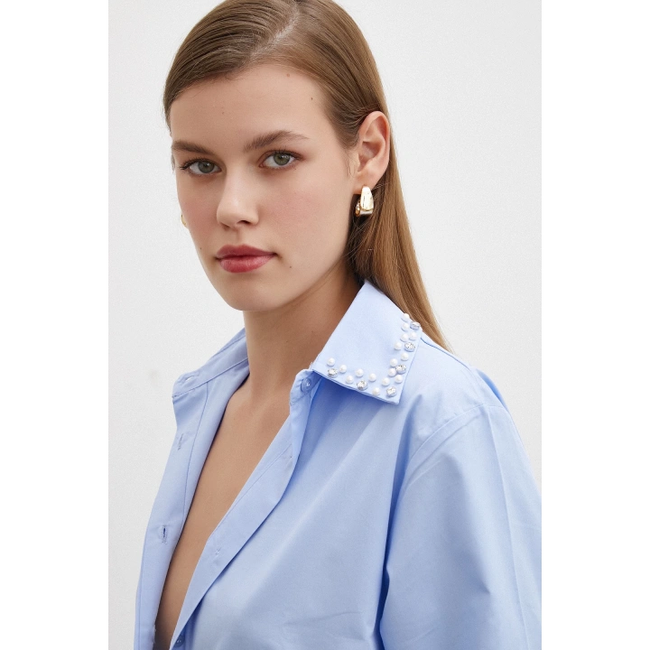 Yaka İncili Poplin Gömlek Mavi