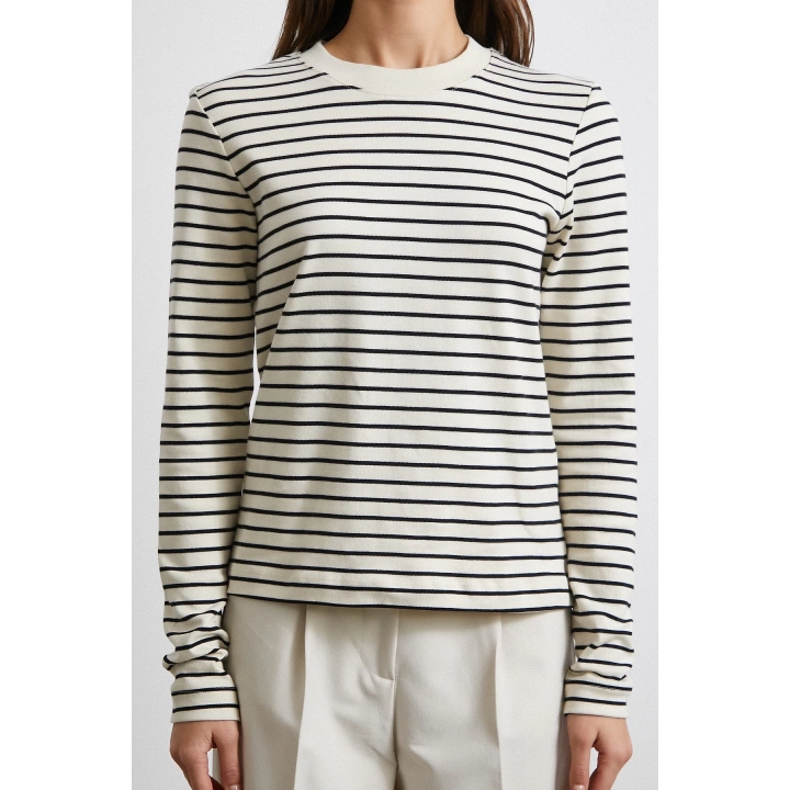 Yakası Ribanalı Çizgili Bluz Ekru