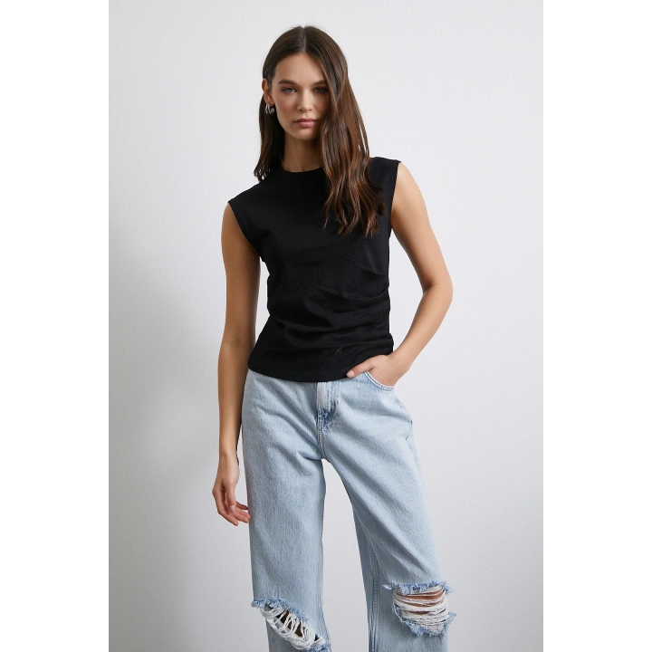 Yanı Büzgülü T-shirt Siyah