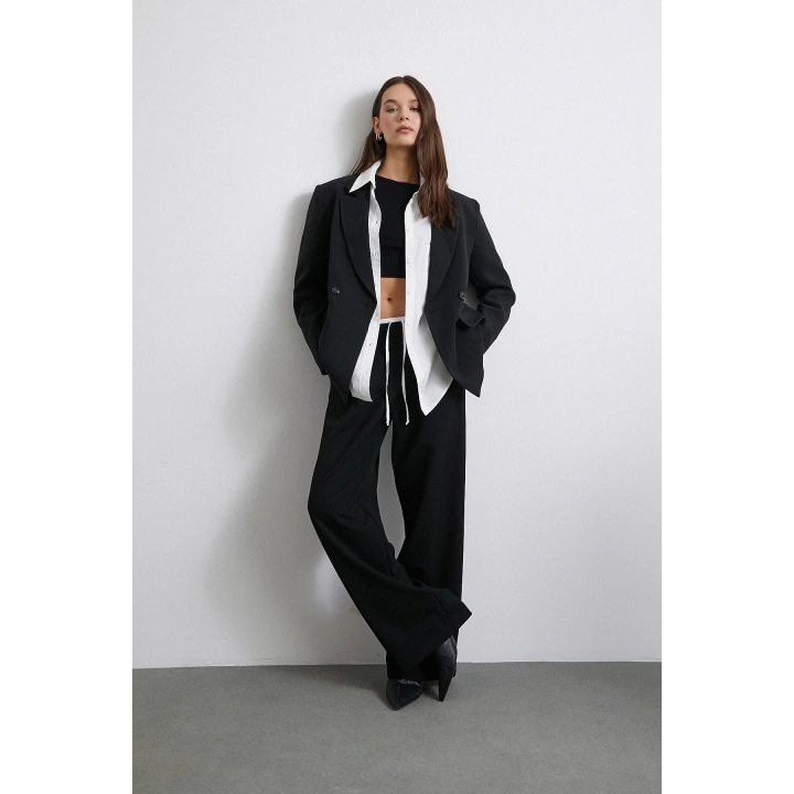 Yanı Fermuarlı Garnili Pantolon Siyah