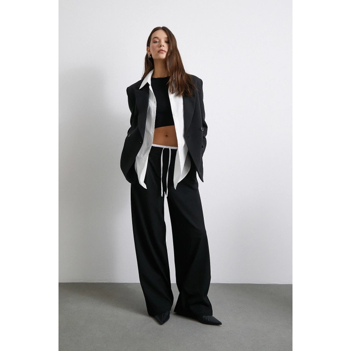 Yanı Fermuarlı Garnili Pantolon Siyah