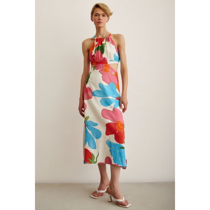 Yanları Dekolteli Askılı Desenli Elbise Mavi