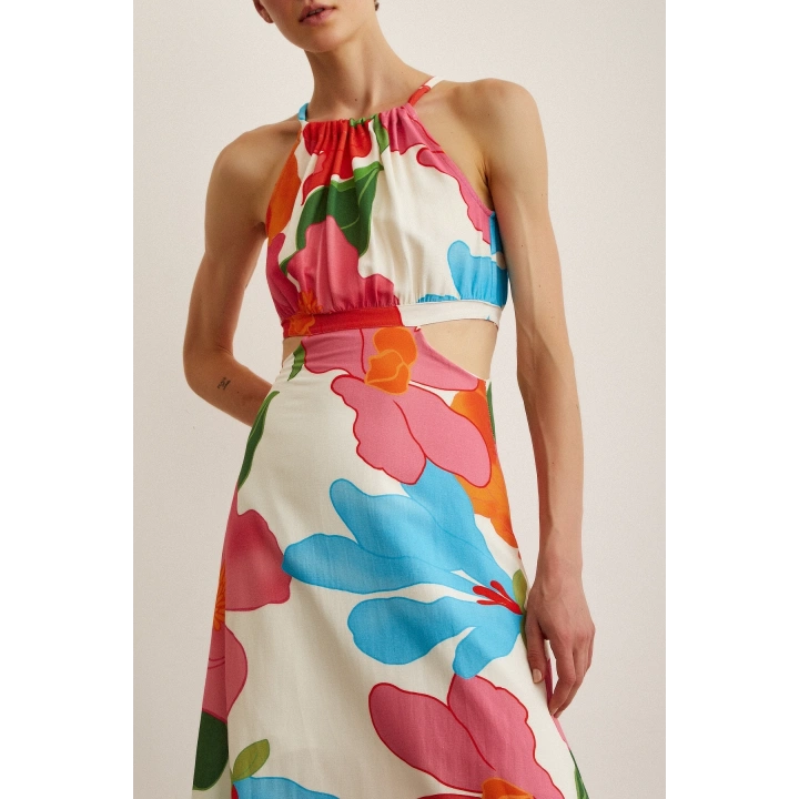 Yanları Dekolteli Askılı Desenli Elbise Mavi