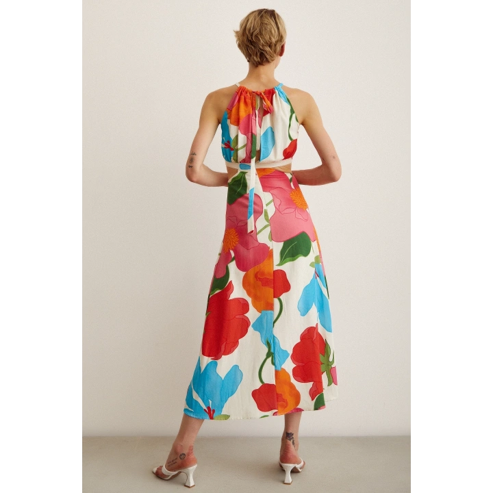 Yanları Dekolteli Askılı Desenli Elbise Mavi