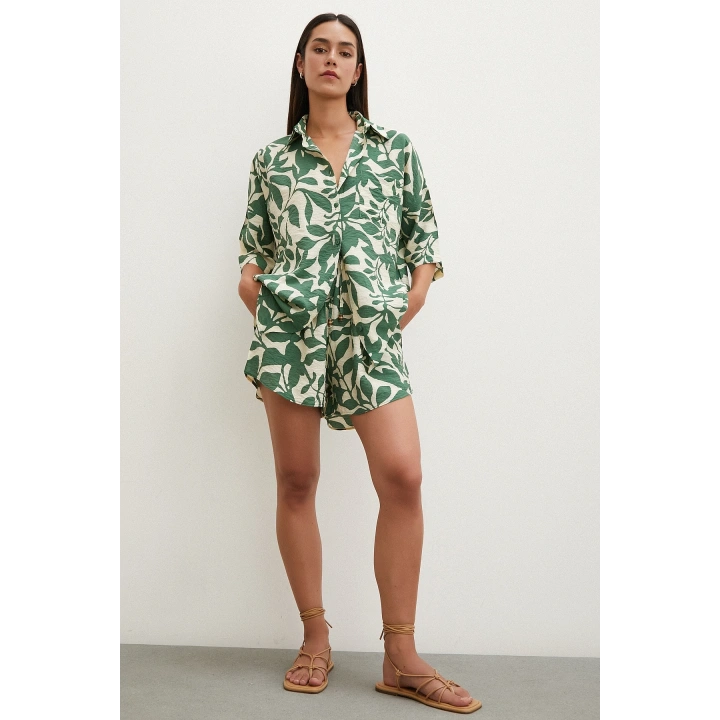 Yaprak Desenli Şortlu Takım Yeşil