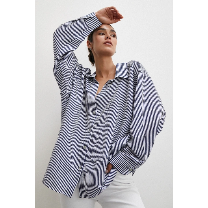 Yarasa Kol Çizgili Gömlek Beyaz