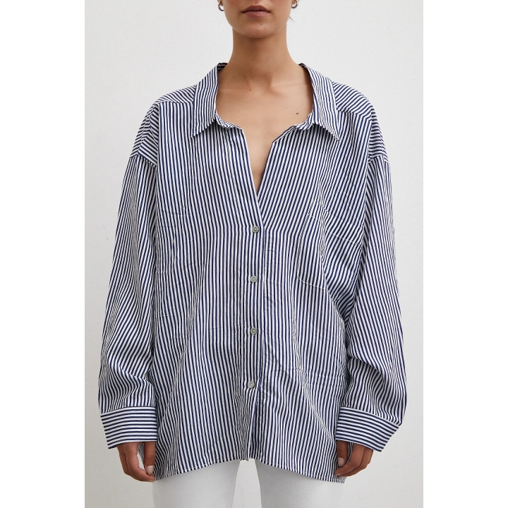 Yarasa Kol Çizgili Gömlek Beyaz