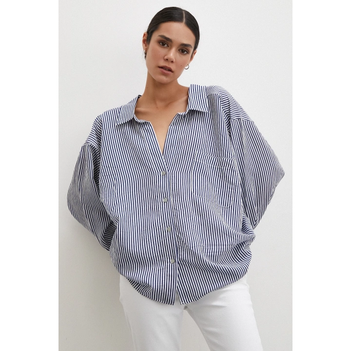 Yarasa Kol Çizgili Gömlek Beyaz
