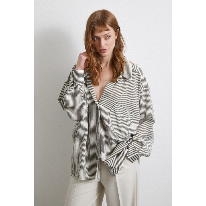 Yarasa Kol Çizgili Gömlek Haki