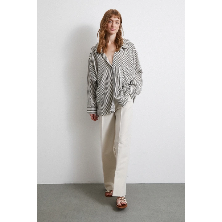 Yarasa Kol Çizgili Gömlek Haki