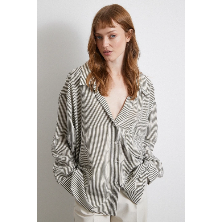 Yarasa Kol Çizgili Gömlek Haki