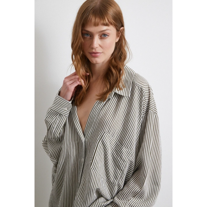 Yarasa Kol Çizgili Gömlek Haki