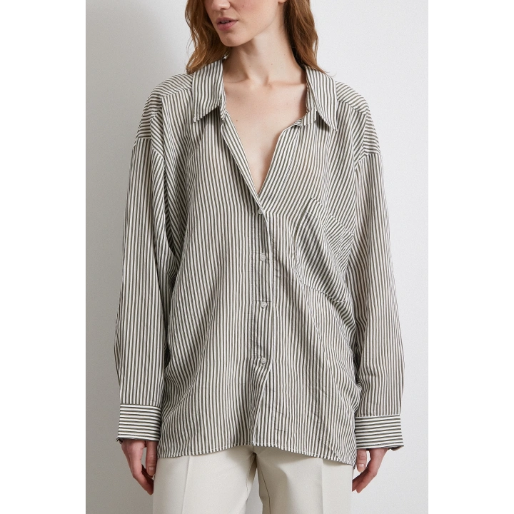 Yarasa Kol Çizgili Gömlek Haki