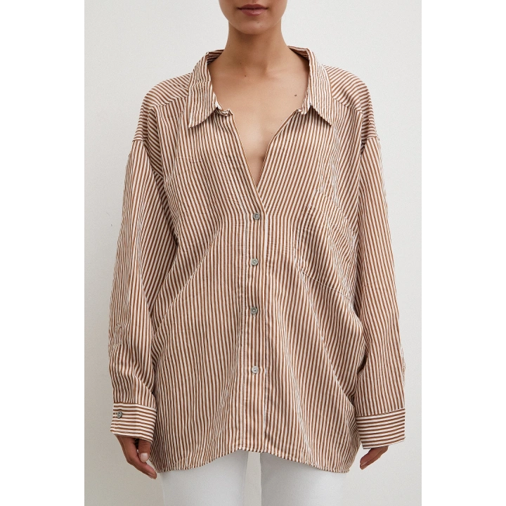 Yarasa Kol Çizgili Gömlek Kahve