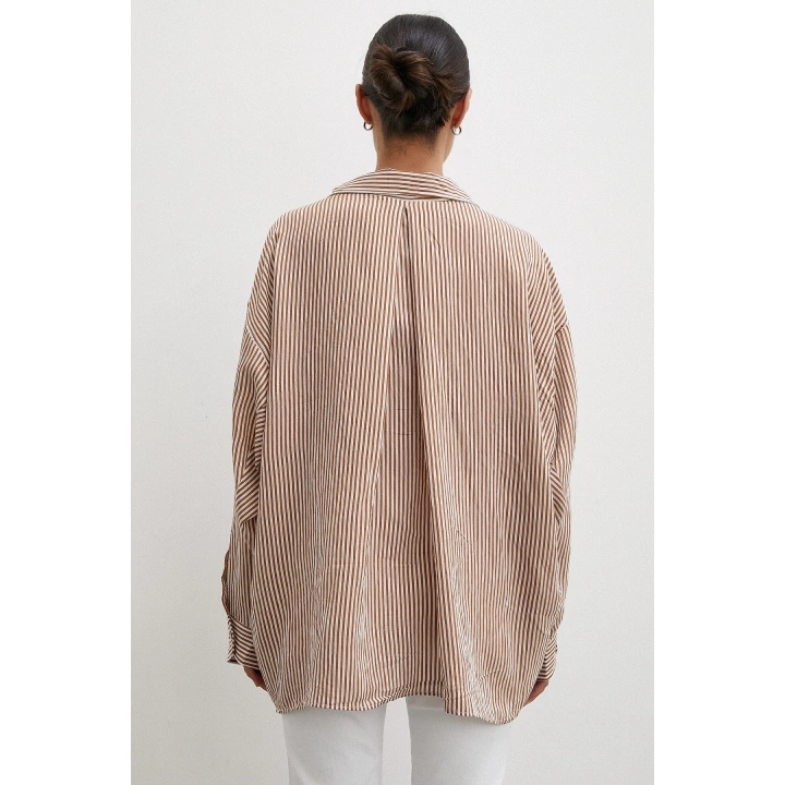 Yarasa Kol Çizgili Gömlek Kahve