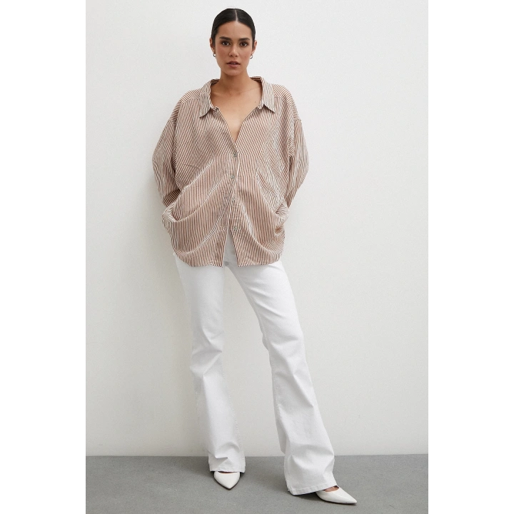 Yarasa Kol Çizgili Gömlek Kahve