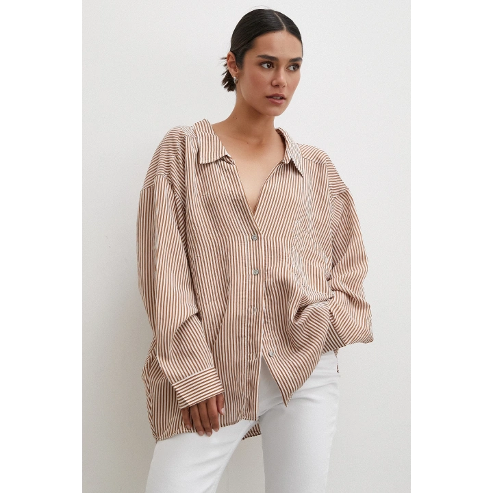 Yarasa Kol Çizgili Gömlek Kahve