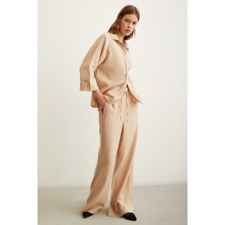 Yarasa Kol Keten Gömlek Bej