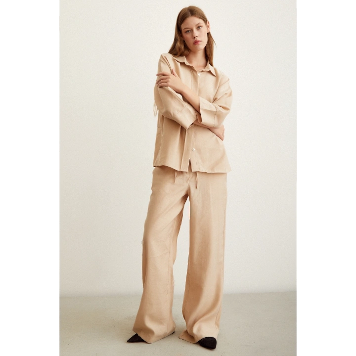 Yarasa Kol Keten Gömlek Bej