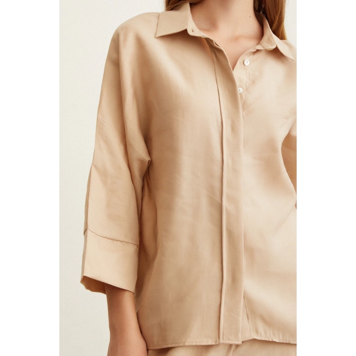 Yarasa Kol Keten Gömlek Bej