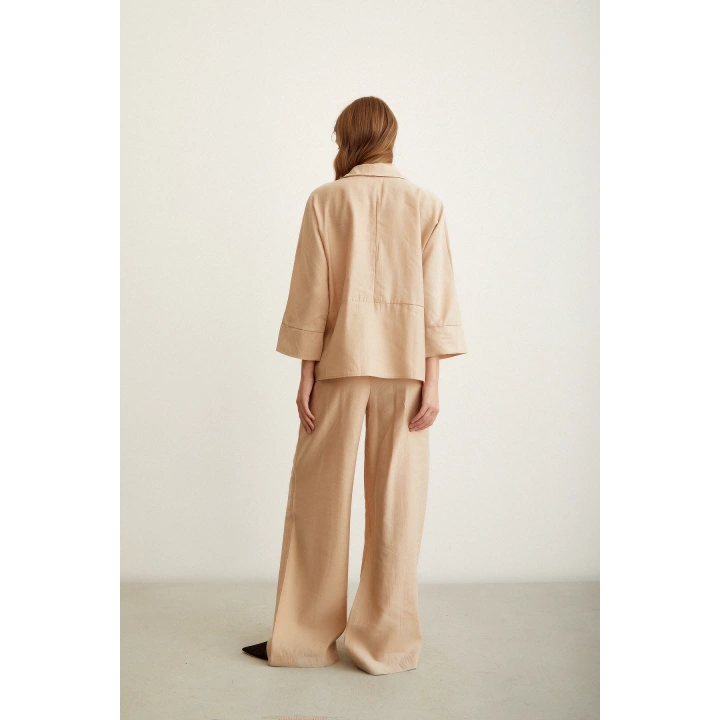 Yarasa Kol Keten Gömlek Bej