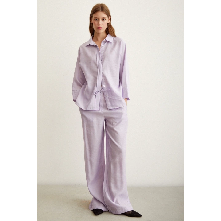 Yarasa Kol Keten Gömlek Lila