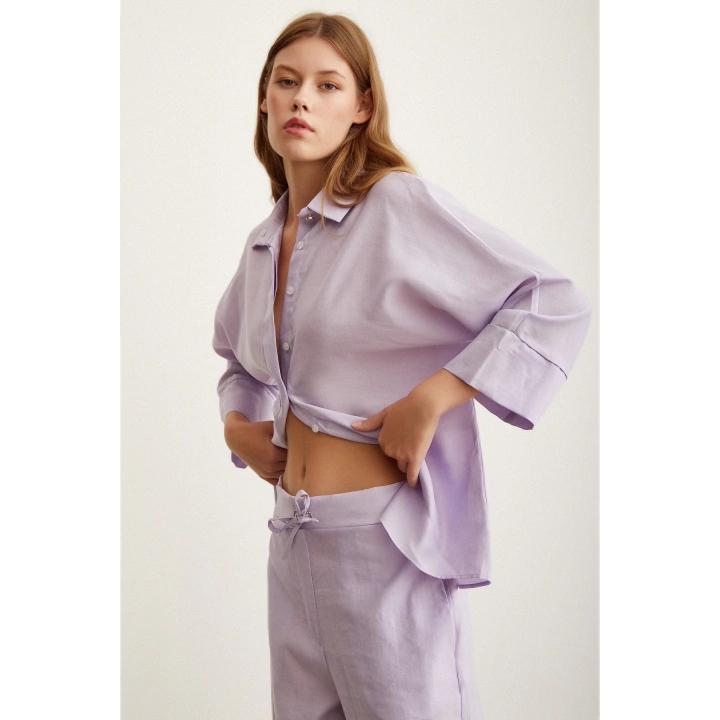 Yarasa Kol Keten Gömlek Lila