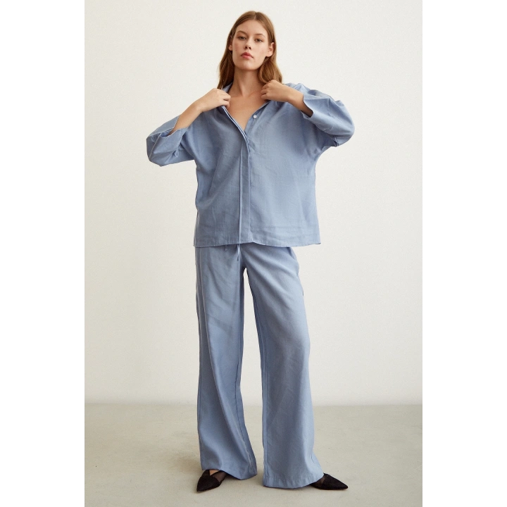 Yarasa Kol Keten Gömlek Mavi