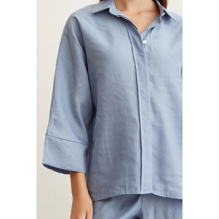 Yarasa Kol Keten Gömlek Mavi