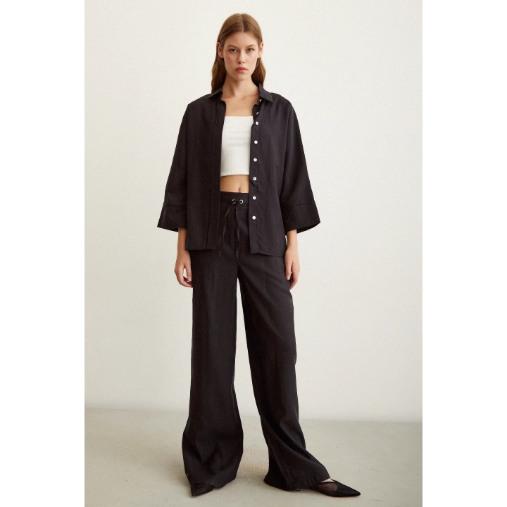 Yarasa Kol Keten Gömlek Siyah