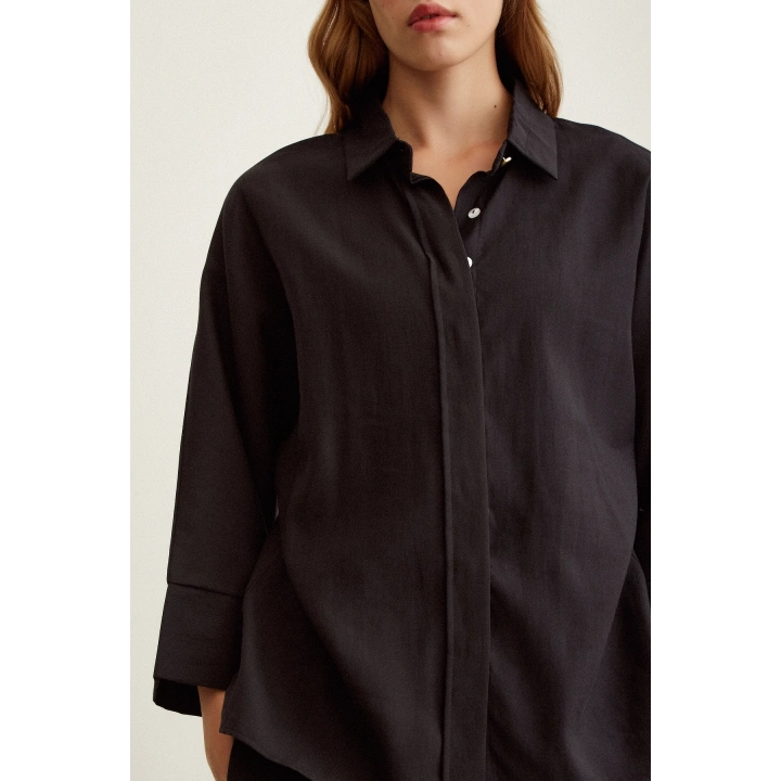 Yarasa Kol Keten Gömlek Siyah