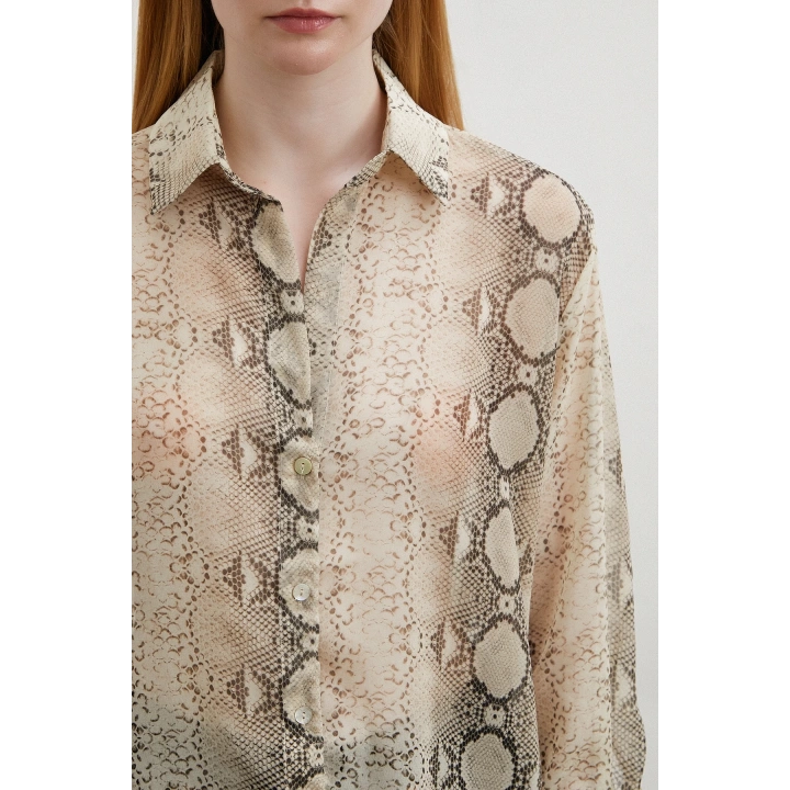 Yılan Derisi Desenli Tül Gömlek Bej