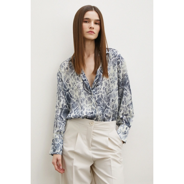 Yılan Desen Saten Gömlek Gri