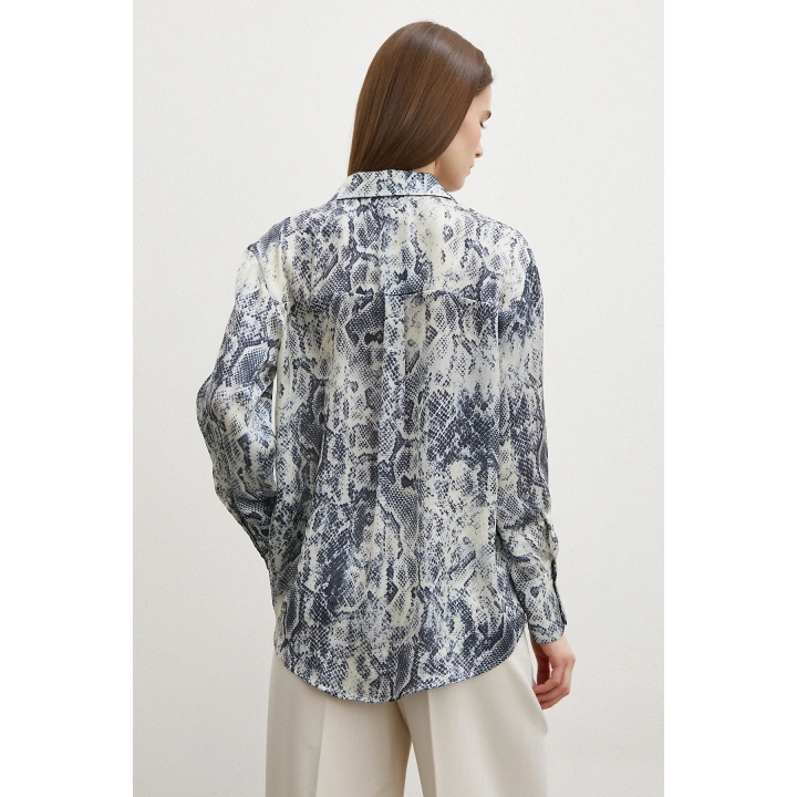 Yılan Desen Saten Gömlek Gri