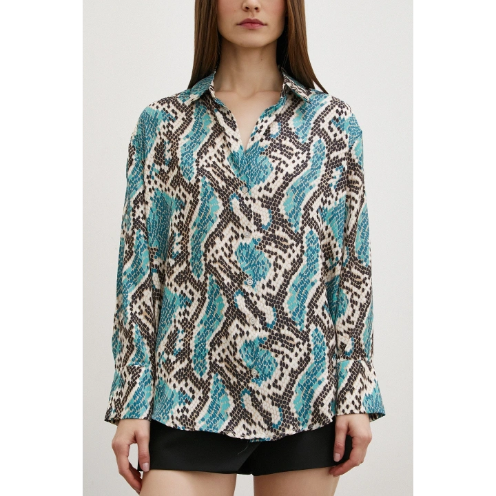 Yılan Desen Saten Gömlek Yeşil