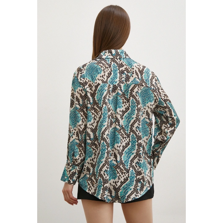 Yılan Desen Saten Gömlek Yeşil