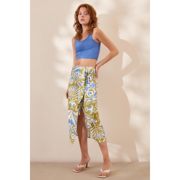 Yırtmaçlı Desen Etek Mavi