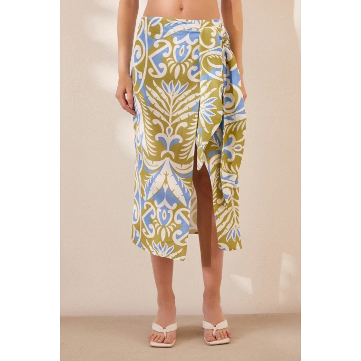 Yırtmaçlı Desen Etek Mavi