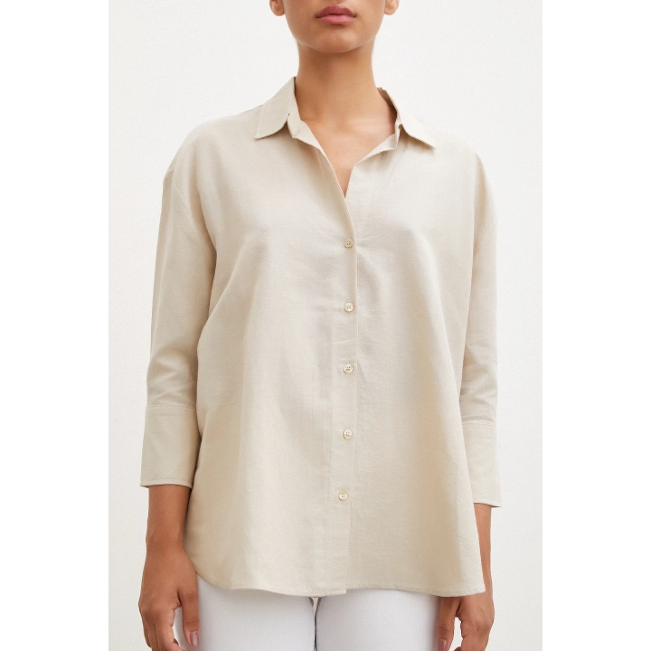 Yırtmaçlı Fakir Kol Gömlek Bej