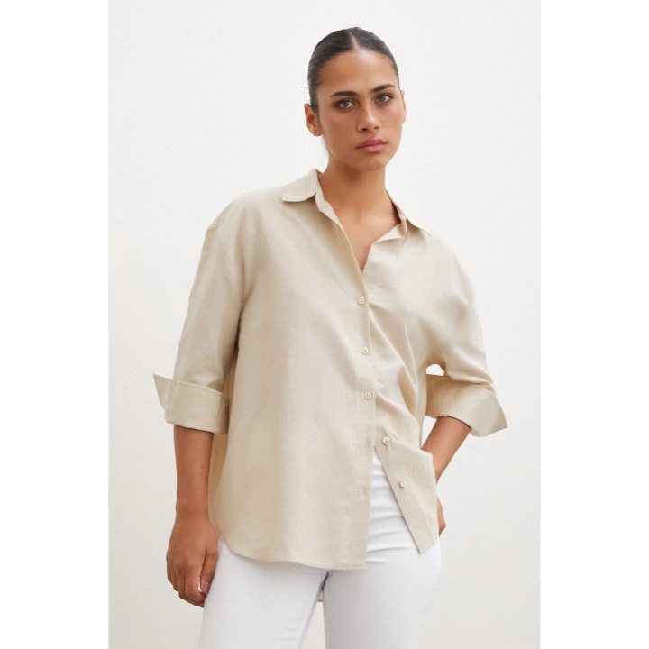 Yırtmaçlı Fakir Kol Gömlek Bej