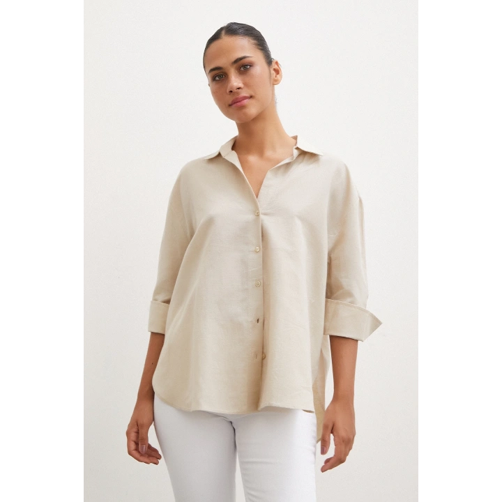 Yırtmaçlı Fakir Kol Gömlek Bej